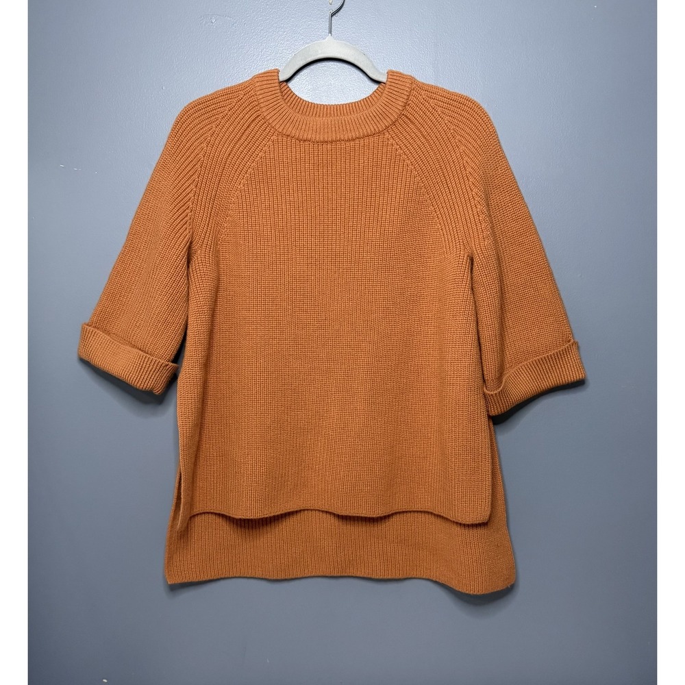 COS Sweater Womens XS Orange 100% Wool Raglan 3/4 Sleeve Chunky Knit Boxy Slits - Picture 11 of 11
